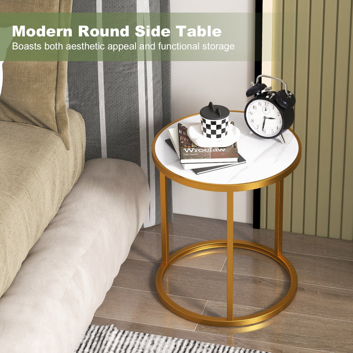Marble Top Round Side Table 16-Inch End Table with Golden Metal Frame-1 Piece-End & Side Tables-DECOROLALA