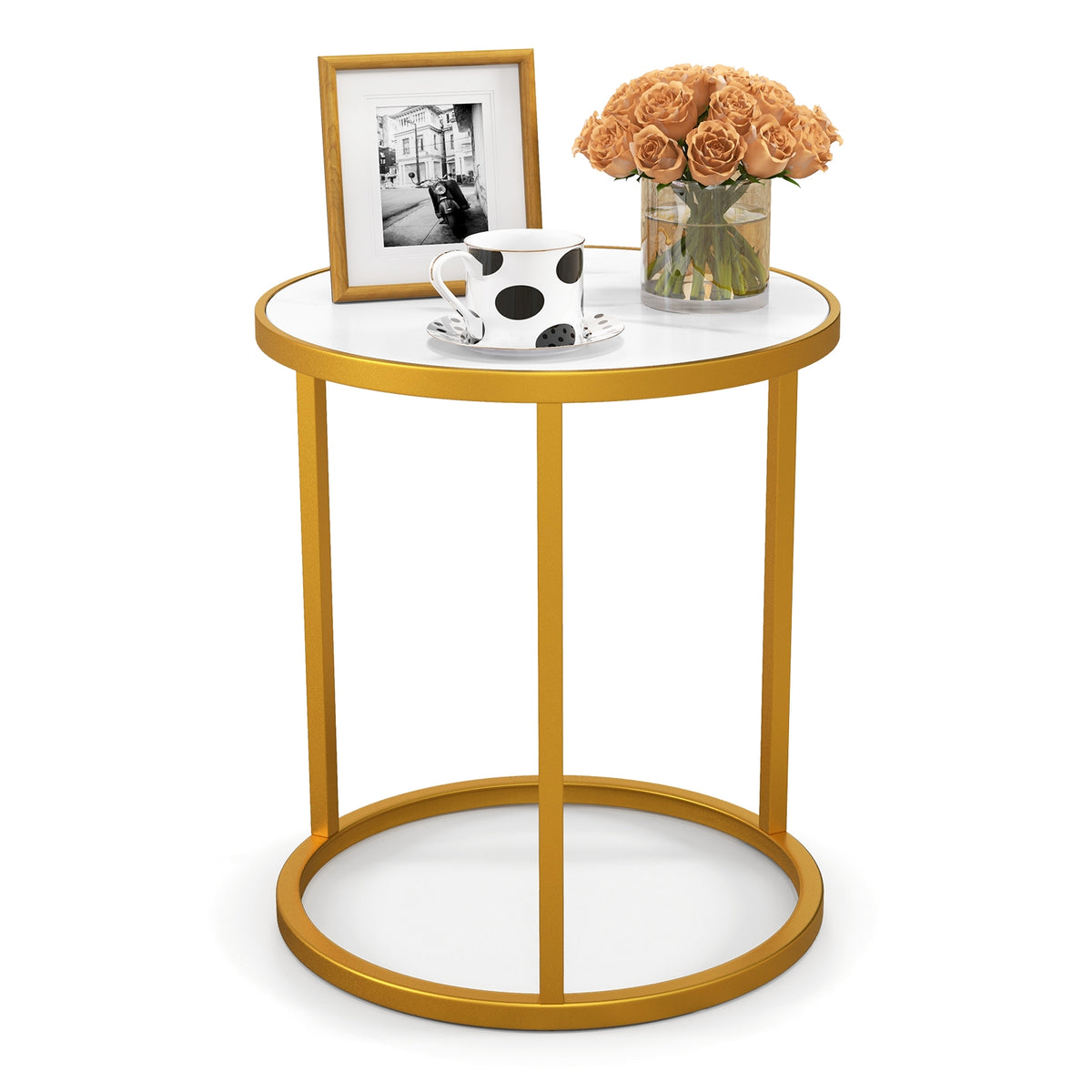 Marble Top Round Side Table 16-Inch End Table with Golden Metal Frame-1 Piece-End & Side Tables-DECOROLALA