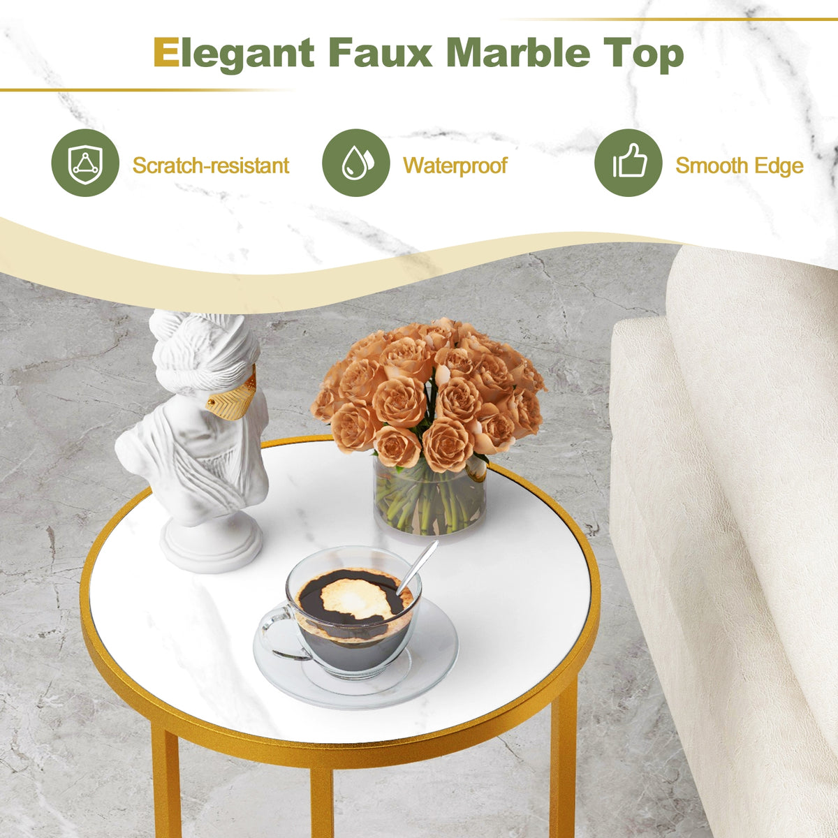Marble Top Round Side Table 16-Inch End Table with Golden Metal Frame-1 Piece-End & Side Tables-DECOROLALA