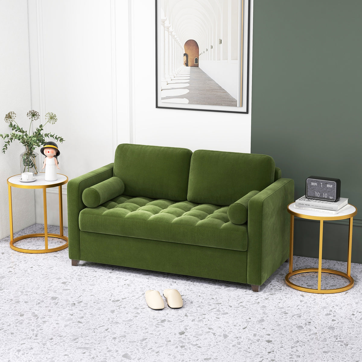 Marble Top Round Side Table 16-Inch End Table with Golden Metal Frame-2 Pieces-End & Side Tables-DECOROLALA