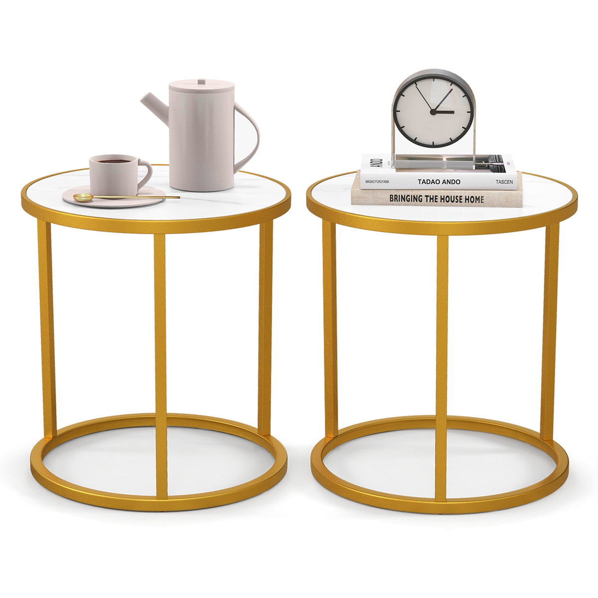 Marble Top Round Side Table 16-Inch End Table with Golden Metal Frame-2 Pieces-End & Side Tables-DECOROLALA