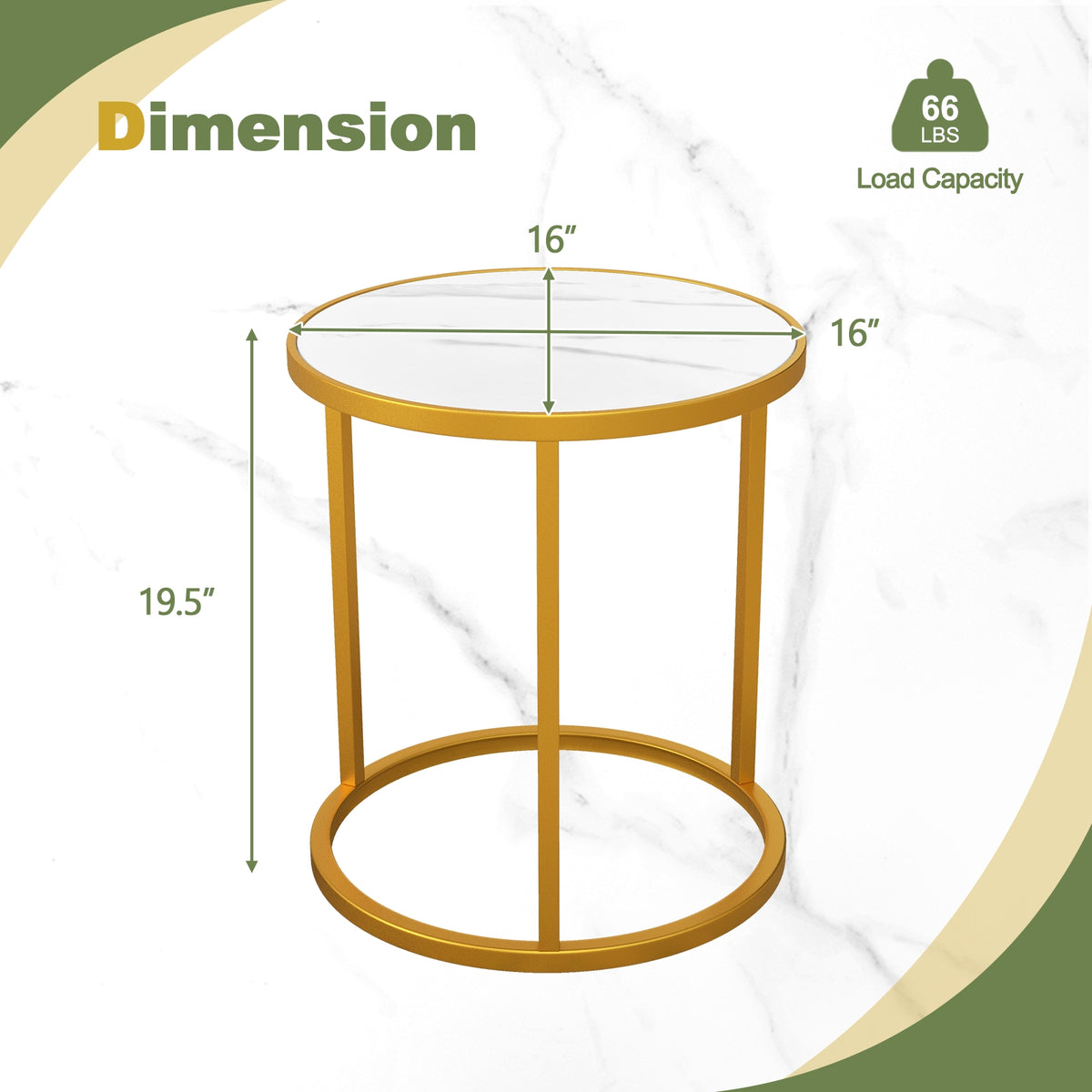 Marble Top Round Side Table 16-Inch End Table with Golden Metal Frame-2 Pieces-End & Side Tables-DECOROLALA