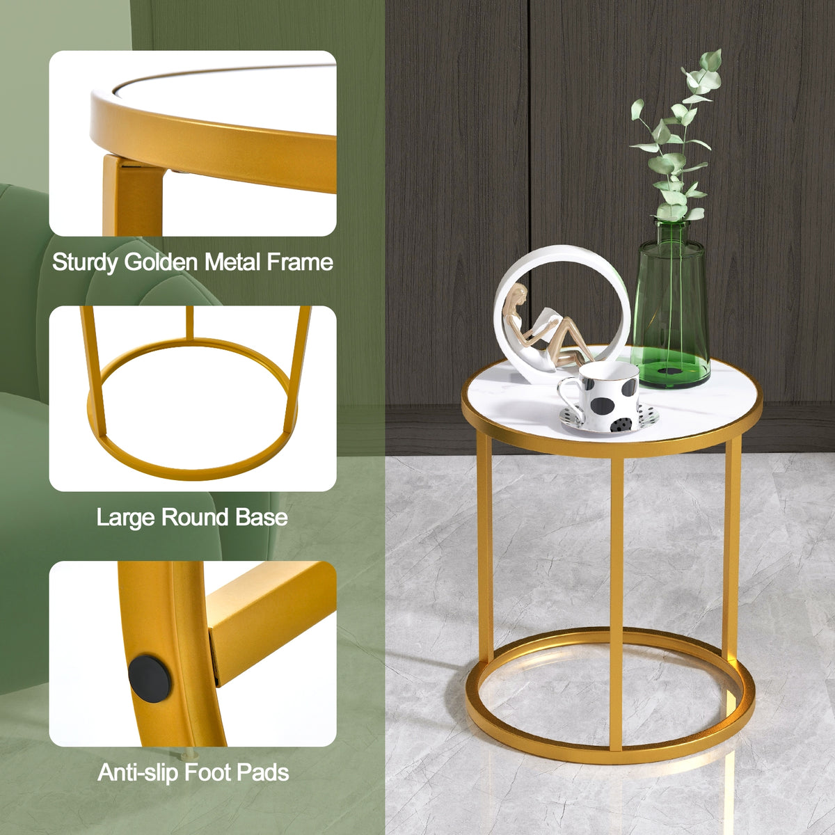 Marble Top Round Side Table 16-Inch End Table with Golden Metal Frame-2 Pieces-End & Side Tables-DECOROLALA