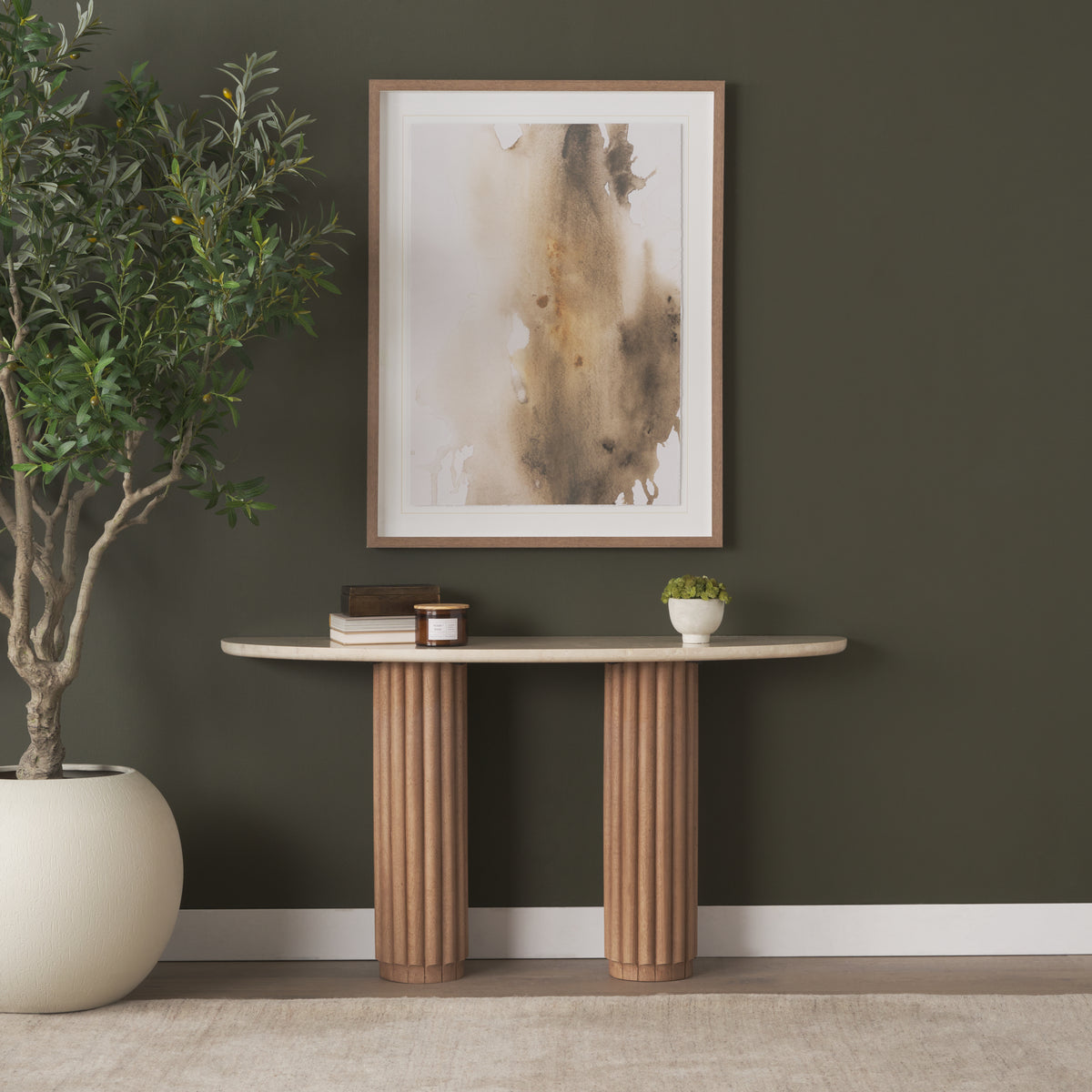 Marbrello Pink Marble Top Dark Fluted Wood Half Moon Console Table Top-Console Tables-DECOROLALA