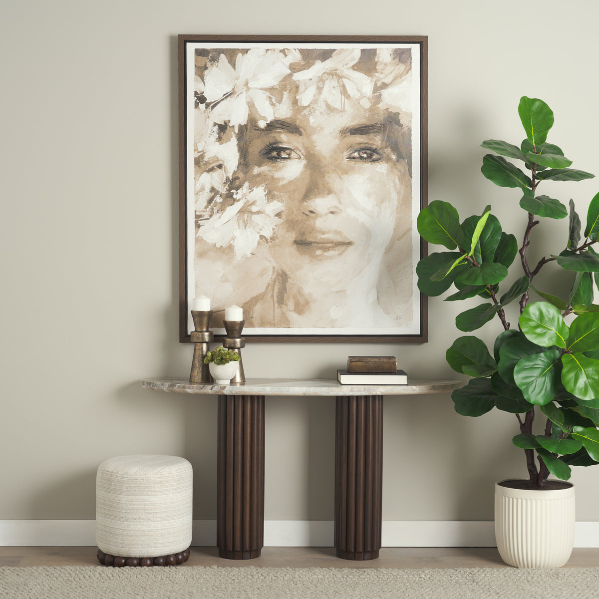 Marbrello Pink Marble Top Dark Fluted Wood Half Moon Console Table Top-Console Tables-DECOROLALA