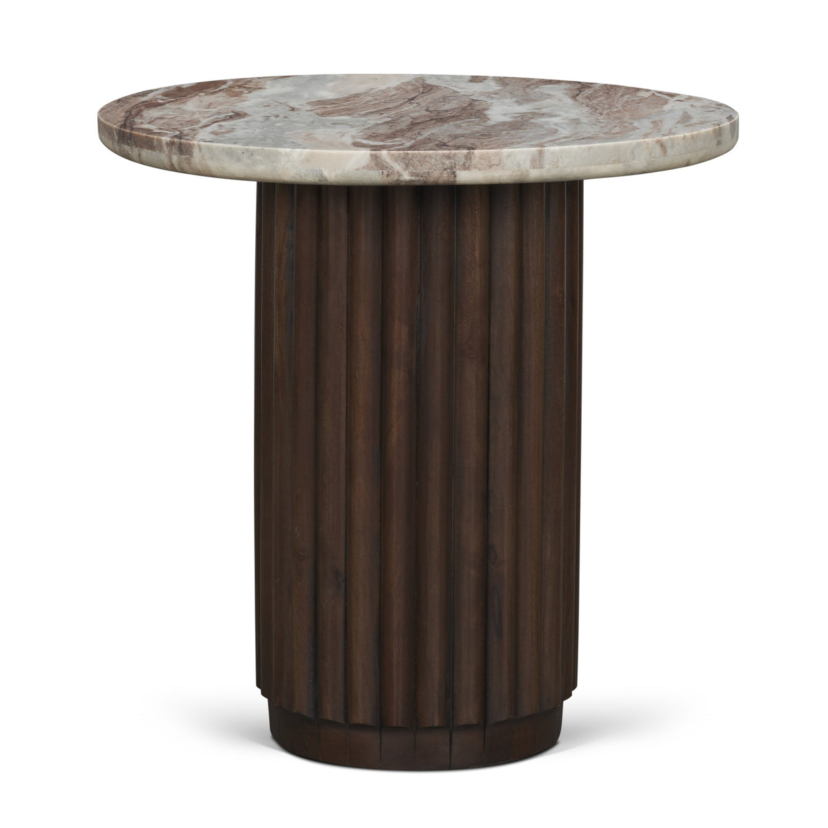 Marbrello Pink Marble Top Espresso Brown Fluted Wood Round Side Table-End and Side Tables-DECOROLALA