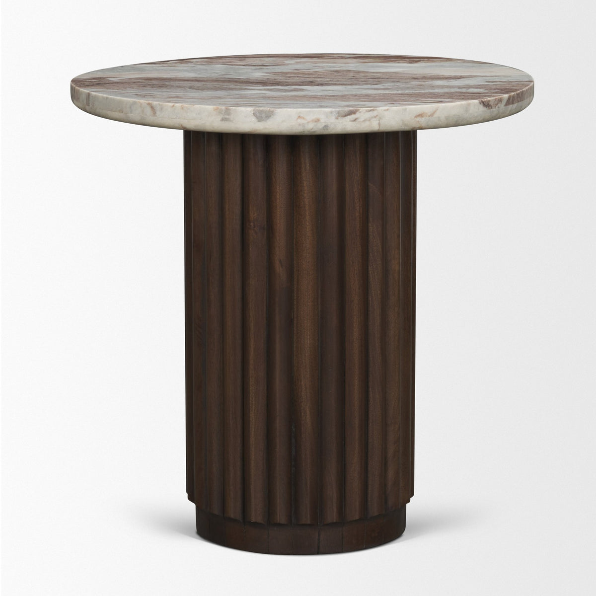 Marbrello Pink Marble Top Espresso Brown Fluted Wood Round Side Table-End and Side Tables-DECOROLALA