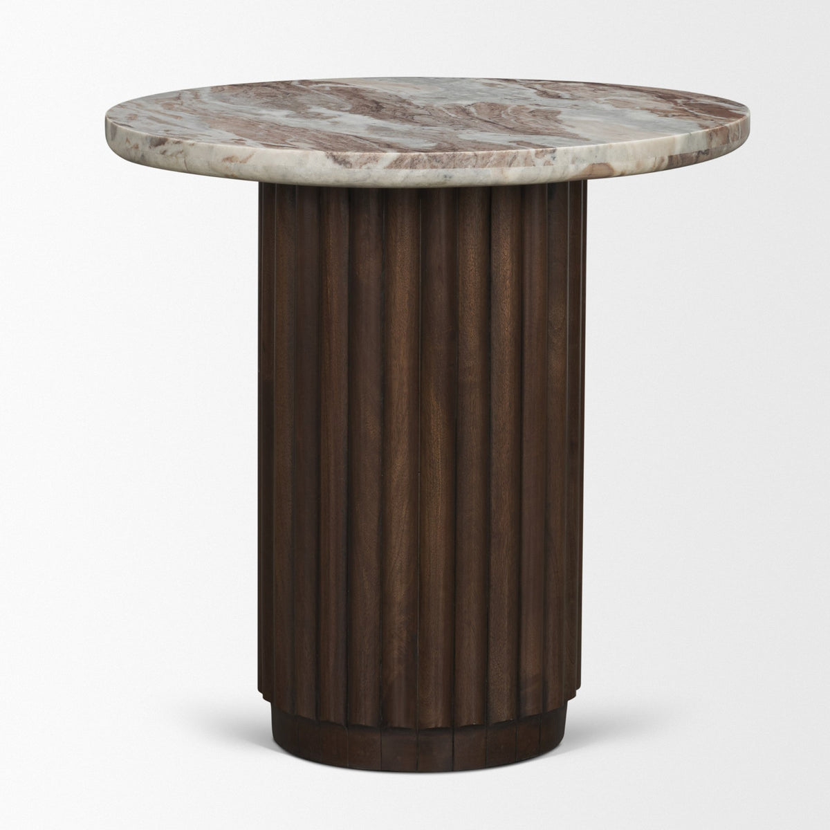Marbrello Pink Marble Top Espresso Brown Fluted Wood Round Side Table-End and Side Tables-DECOROLALA