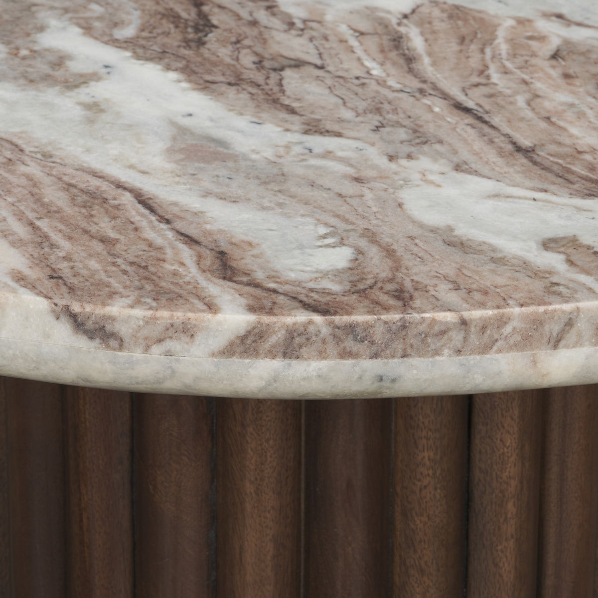 Marbrello Pink Marble Top Espresso Brown Fluted Wood Round Side Table-End and Side Tables-DECOROLALA