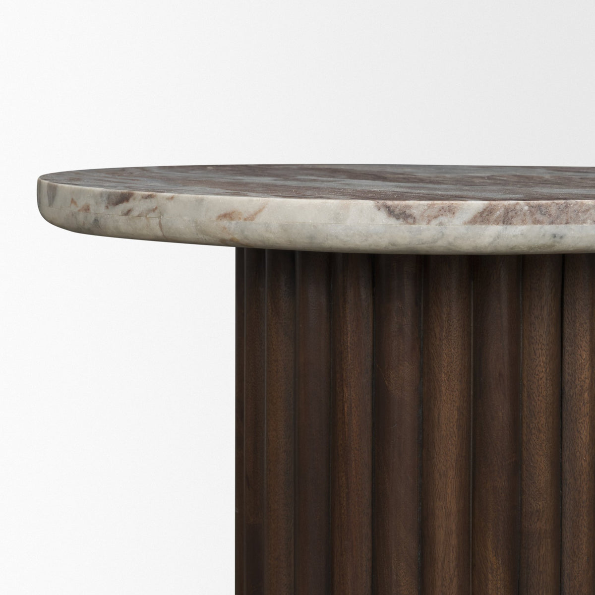 Marbrello Pink Marble Top Espresso Brown Fluted Wood Round Side Table-End and Side Tables-DECOROLALA