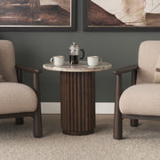 Marbrello Pink Marble Top Espresso Brown Fluted Wood Round Side Table-End and Side Tables-DECOROLALA