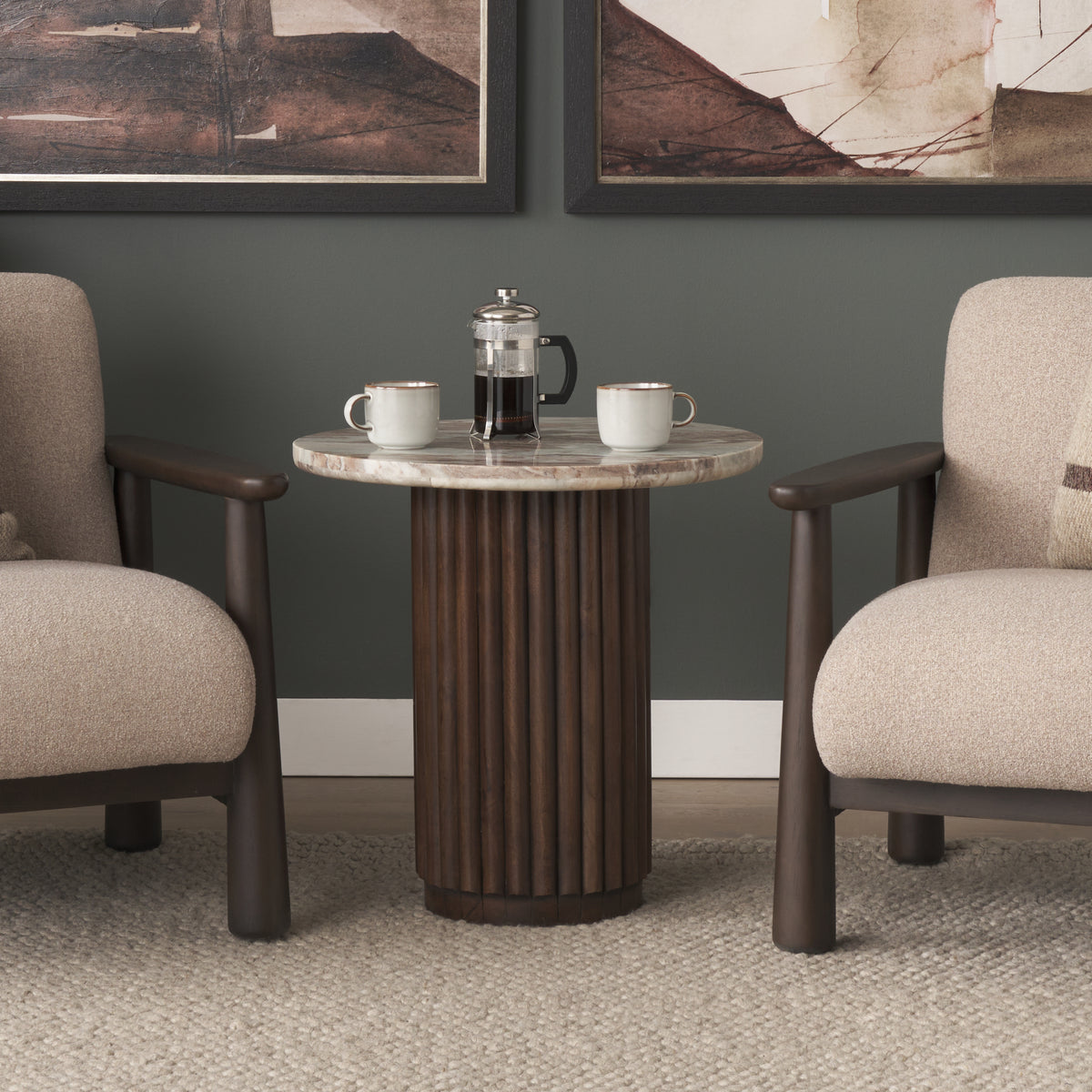 Marbrello Pink Marble Top Espresso Brown Fluted Wood Round Side Table-End and Side Tables-DECOROLALA