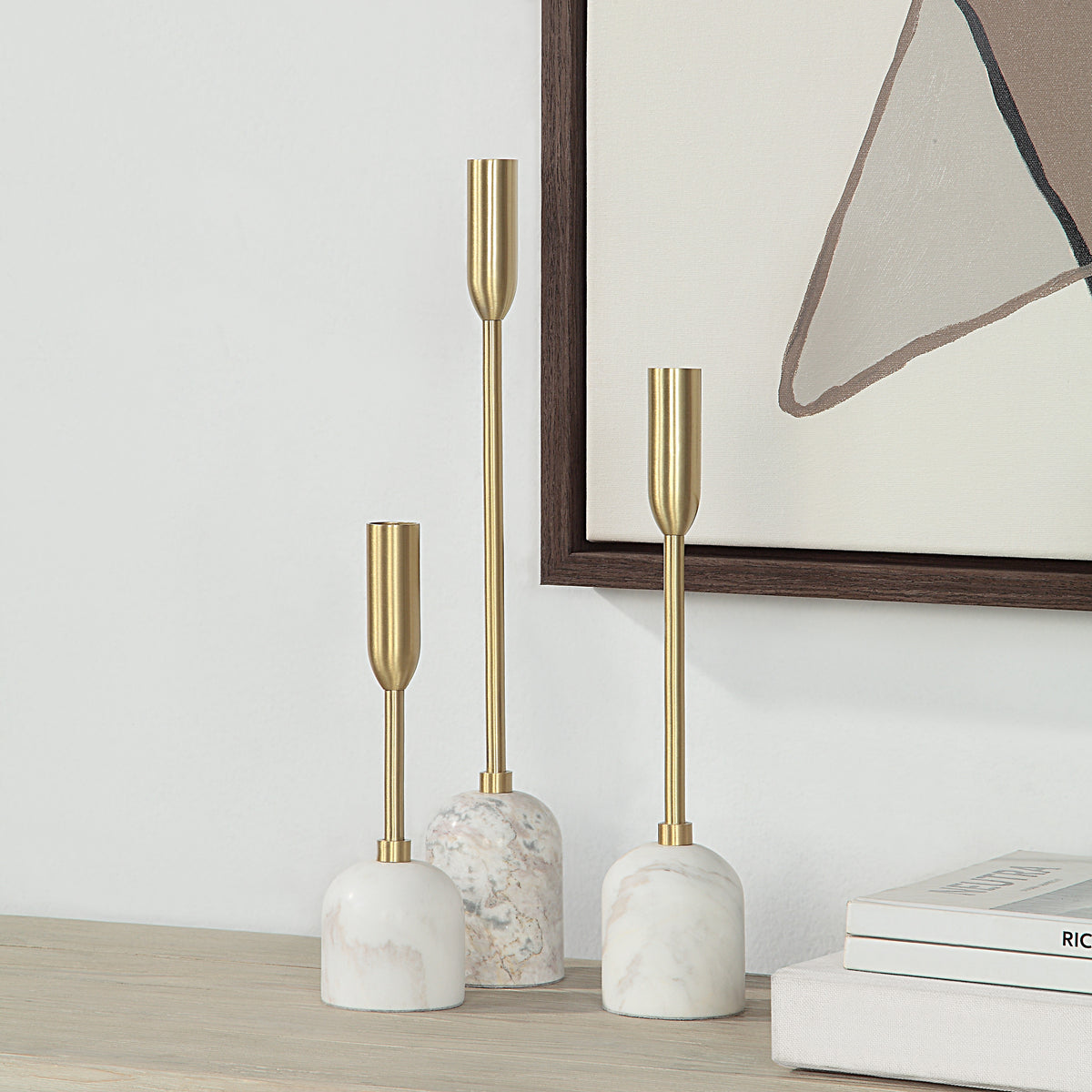 Marchesa Indoor Iron Set Of 3 Tapered Candle Holder, Satin Brass-Candle Holders-DECOROLALA