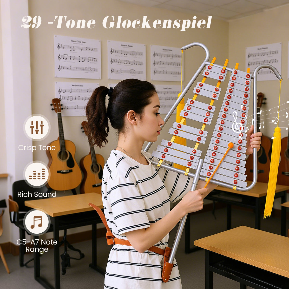 Lyre-glockenspiel de marche à 29 notes - Aluminium argenté réglable