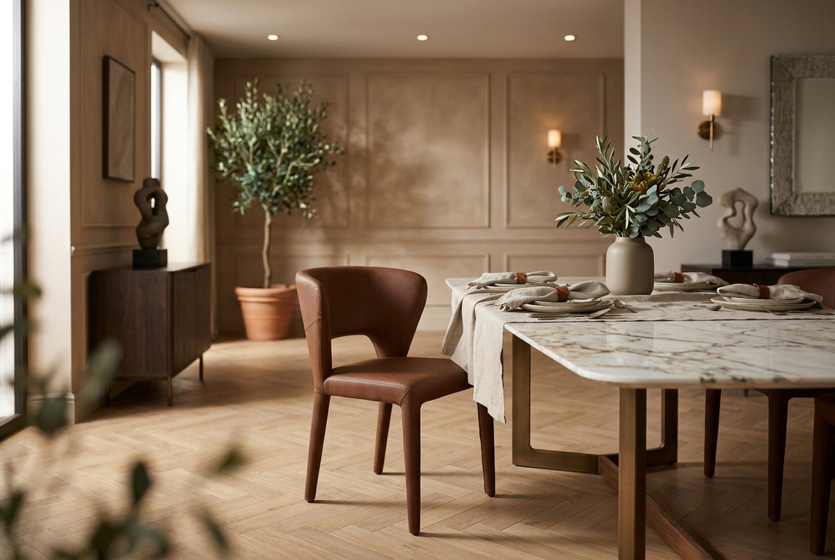 Marek Wingback Dining Arm Chair | Nutmeg Leather w/ Wood-Dining Chairs-DECOROLALA
