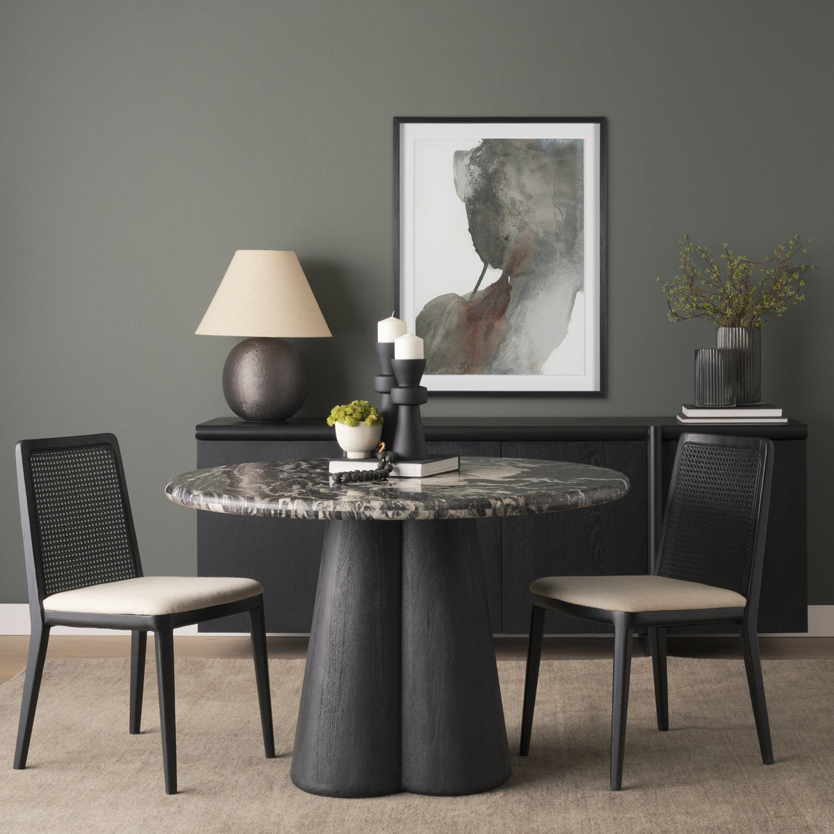 Marilyn 48" Round Pedestal Dining Table | Black Forest Marble & Black Wood | Seats 4-Dining Tables-DECOROLALA