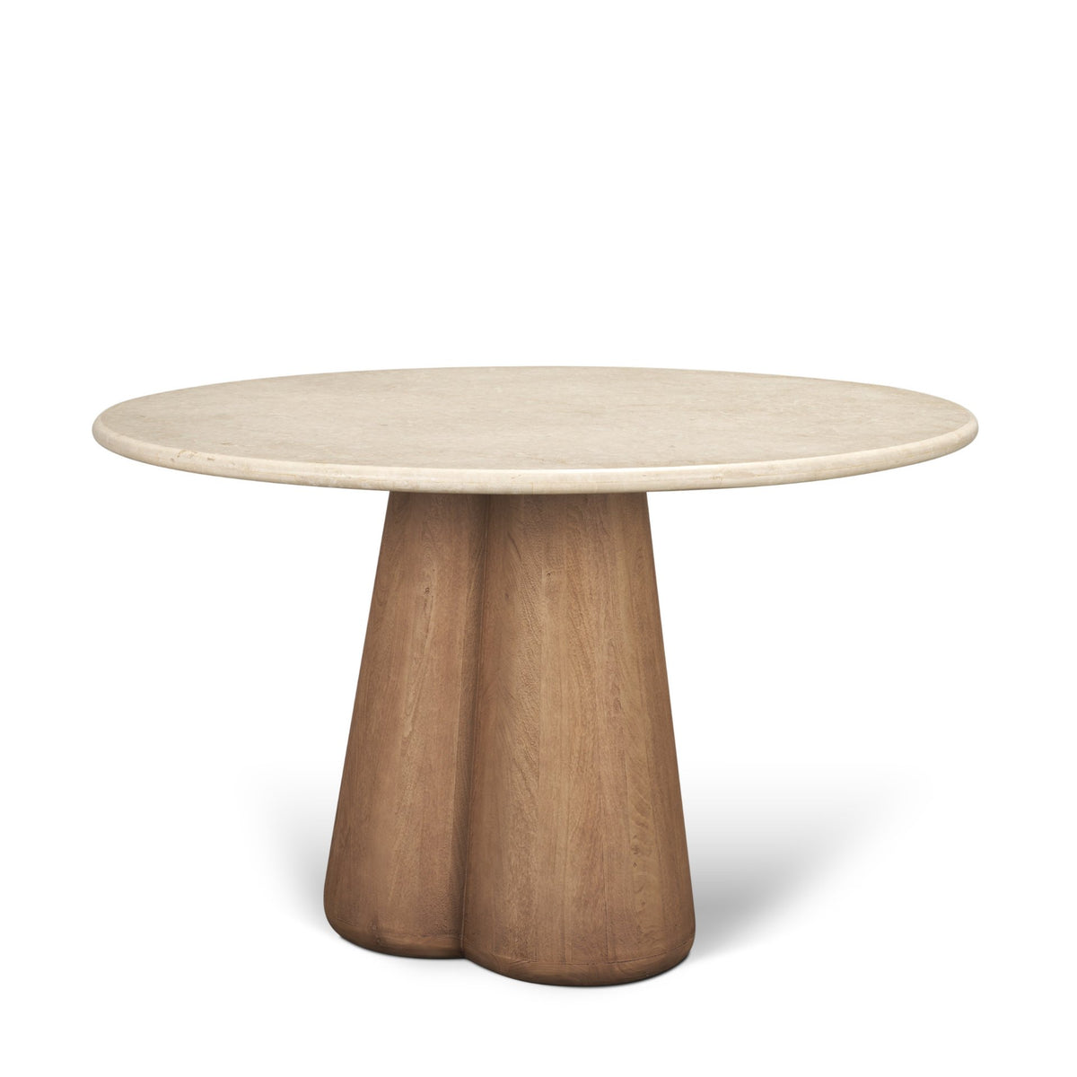 Marilyn 48" Round Pedestal Dining Table | Botticino Marble & Light Brown Wood | Seats 4-Dining Tables-DECOROLALA