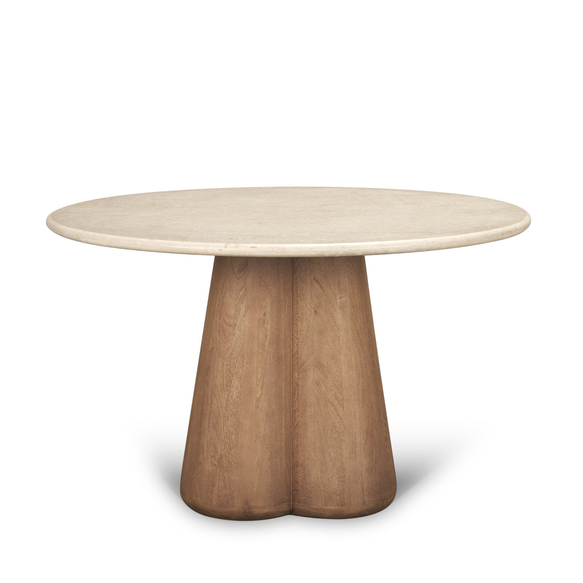 Marilyn 48" Round Pedestal Dining Table | Botticino Marble & Light Brown Wood | Seats 4-Dining Tables-DECOROLALA
