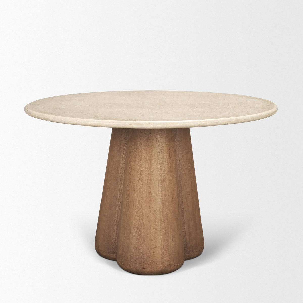 Marilyn 48" Round Pedestal Dining Table | Botticino Marble & Light Brown Wood | Seats 4-Dining Tables-DECOROLALA