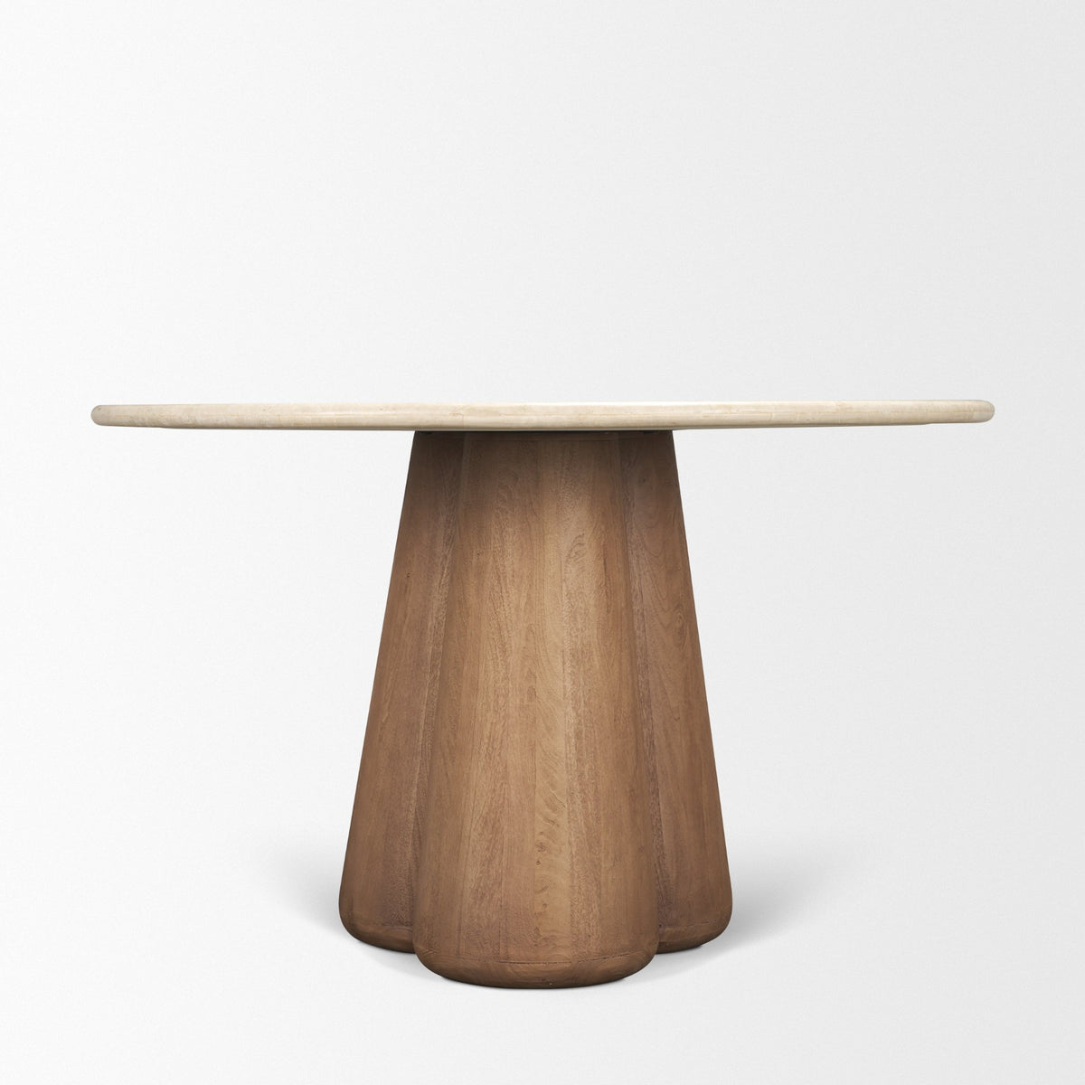 Marilyn 48" Round Pedestal Dining Table | Botticino Marble & Light Brown Wood | Seats 4-Dining Tables-DECOROLALA