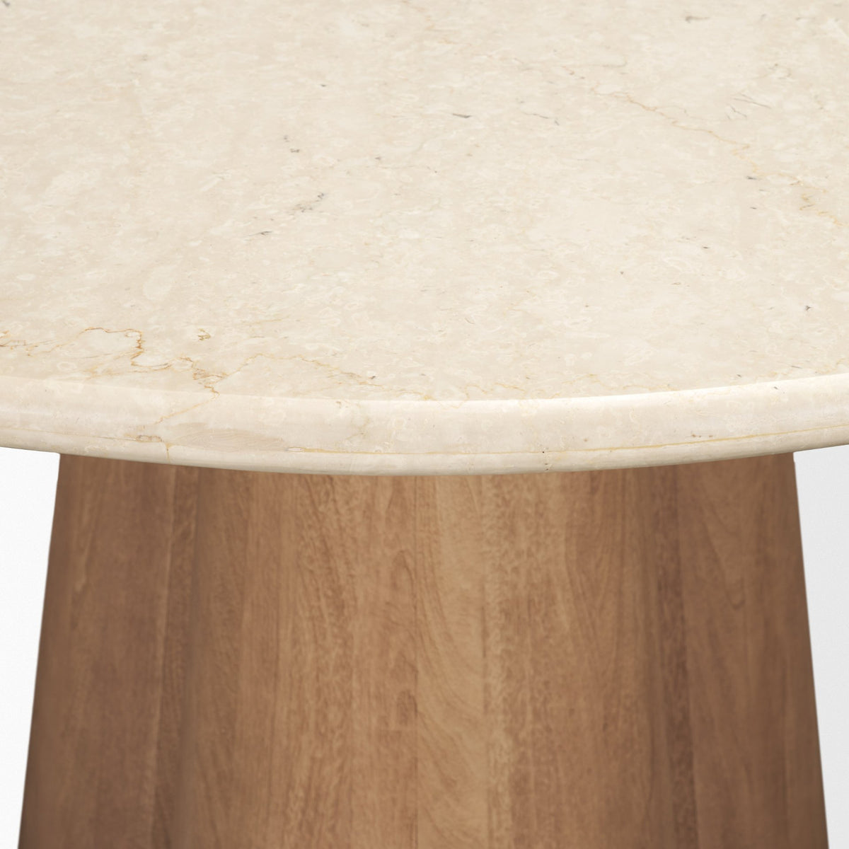 Marilyn 48" Round Pedestal Dining Table | Botticino Marble & Light Brown Wood | Seats 4-Dining Tables-DECOROLALA