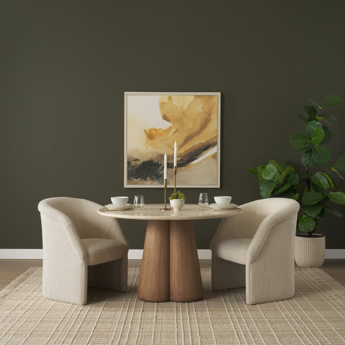 Marilyn 48" Round Pedestal Dining Table | Botticino Marble & Light Brown Wood | Seats 4-Dining Tables-DECOROLALA