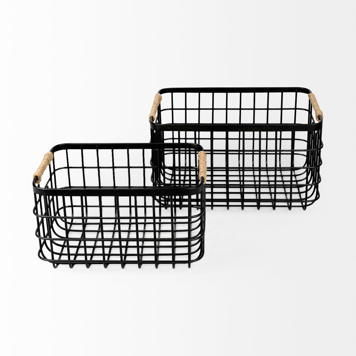 Marius (Set of 2) Matte Black Metal W/ Rope Trim Rectangular Baskets-Decorative Baskets-DECOROLALA