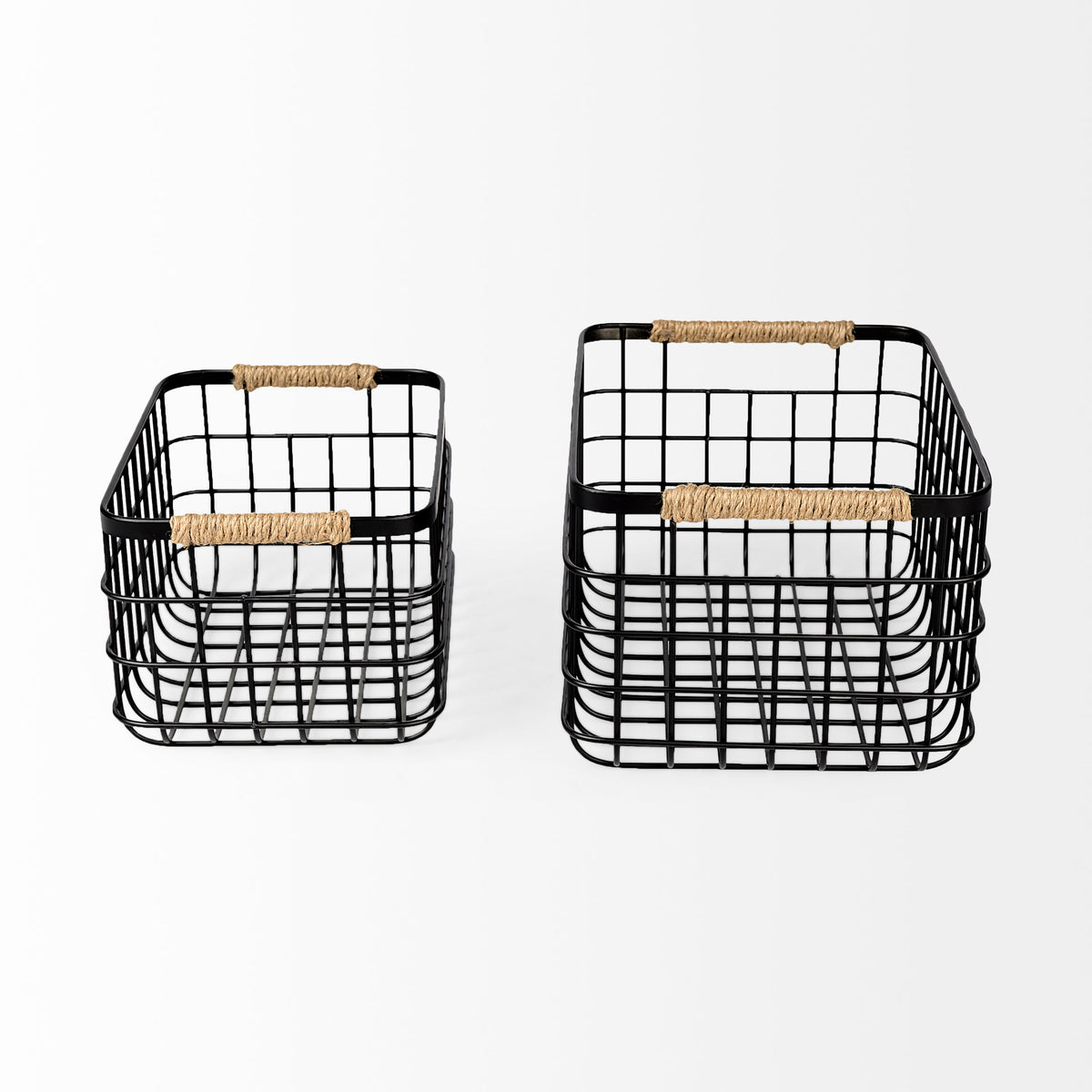 Marius (Set of 2) Matte Black Metal W/ Rope Trim Rectangular Baskets-Decorative Baskets-DECOROLALA