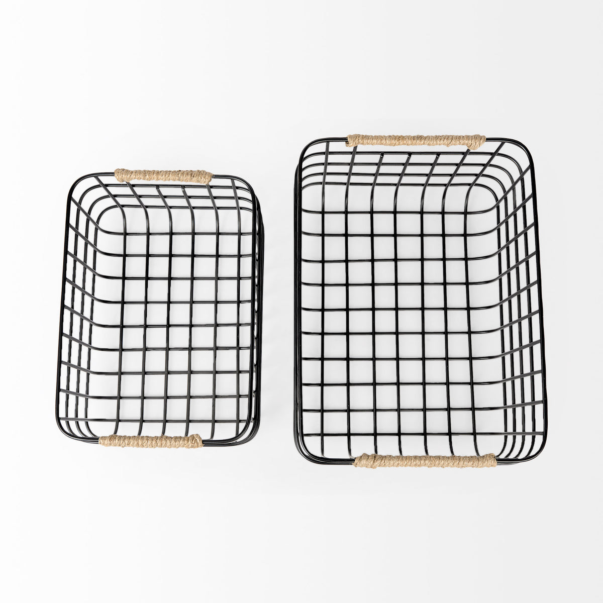 Marius (Set of 2) Matte Black Metal W/ Rope Trim Rectangular Baskets-Decorative Baskets-DECOROLALA