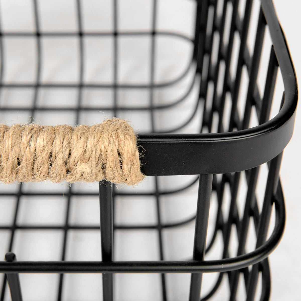 Marius (Set of 2) Matte Black Metal W/ Rope Trim Rectangular Baskets-Decorative Baskets-DECOROLALA