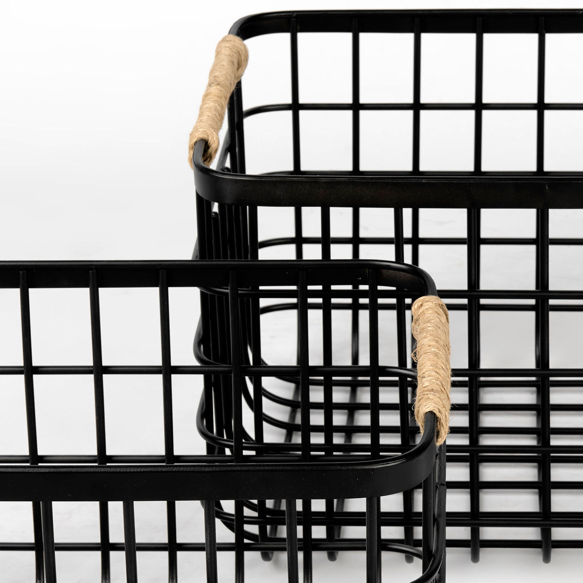 Marius (Set of 2) Matte Black Metal W/ Rope Trim Rectangular Baskets-Decorative Baskets-DECOROLALA