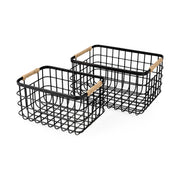 Marius (Set of 2) Matte Black Metal W/ Rope Trim Rectangular Baskets-Decorative Baskets-DECOROLALA