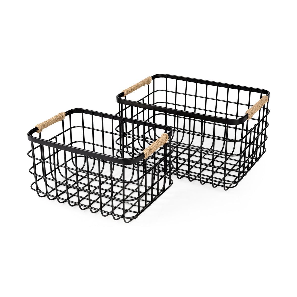 Marius (Set of 2) Matte Black Metal W/ Rope Trim Rectangular Baskets-Decorative Baskets-DECOROLALA
