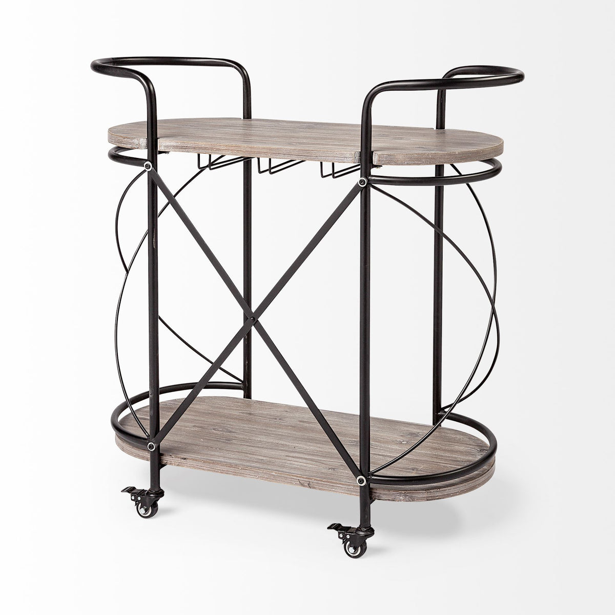 Marlon Bar Cart - Black Metal 2-Tier w/ Stemware Holder-Rolling Carts-DECOROLALA