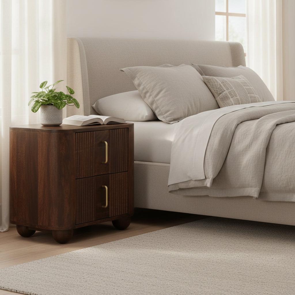 Marlowe Fluted Nightstand - Solid Mango Wood California Walnut-Nightstand-DECOROLALA