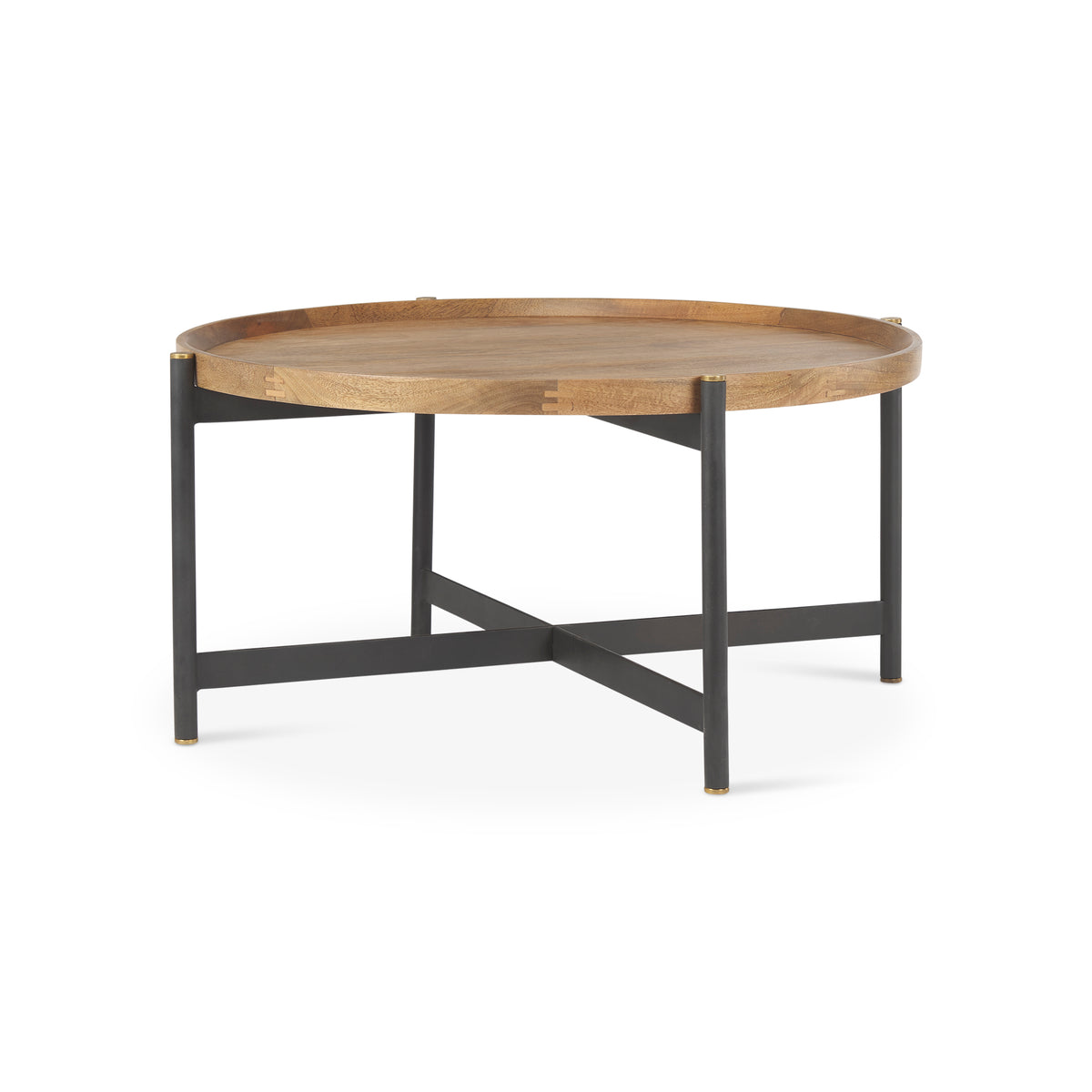 Marquisa 34.25" Round Small Brown Wood w/ Black Metal Coffee Table-Coffee Tables-DECOROLALA