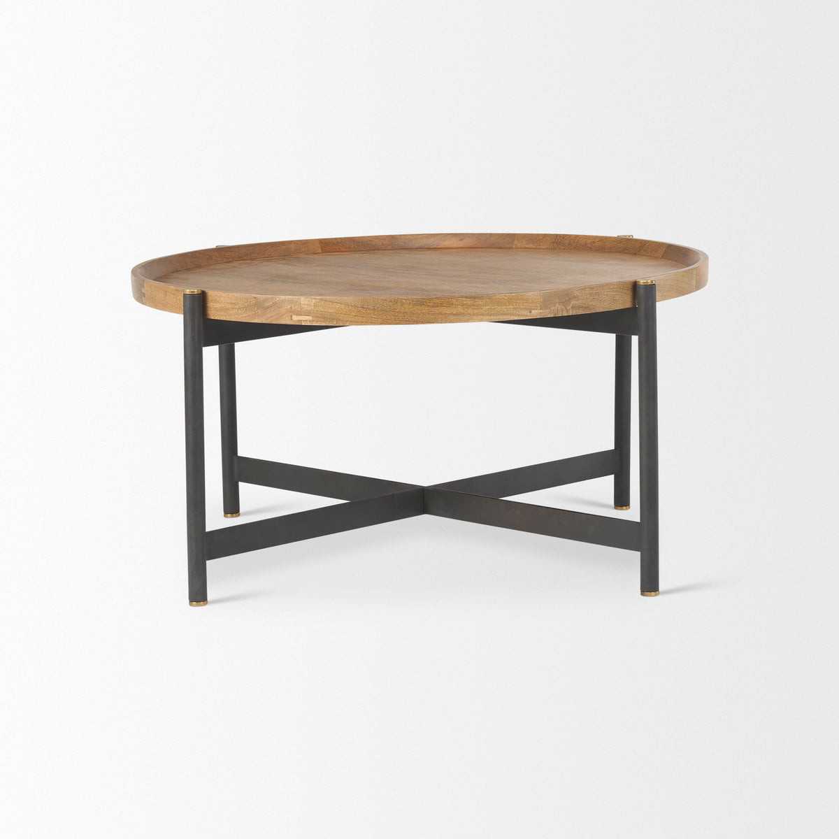 Marquisa 34.25" Round Small Brown Wood w/ Black Metal Coffee Table-Coffee Tables-DECOROLALA