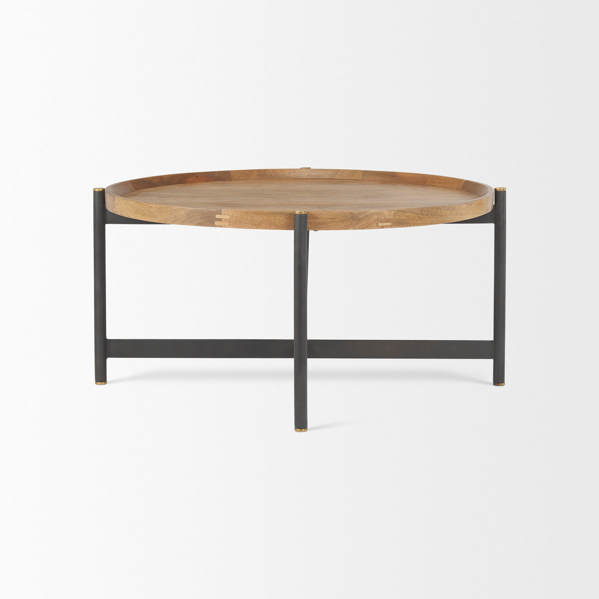 Marquisa 34.25" Round Small Brown Wood w/ Black Metal Coffee Table-Coffee Tables-DECOROLALA