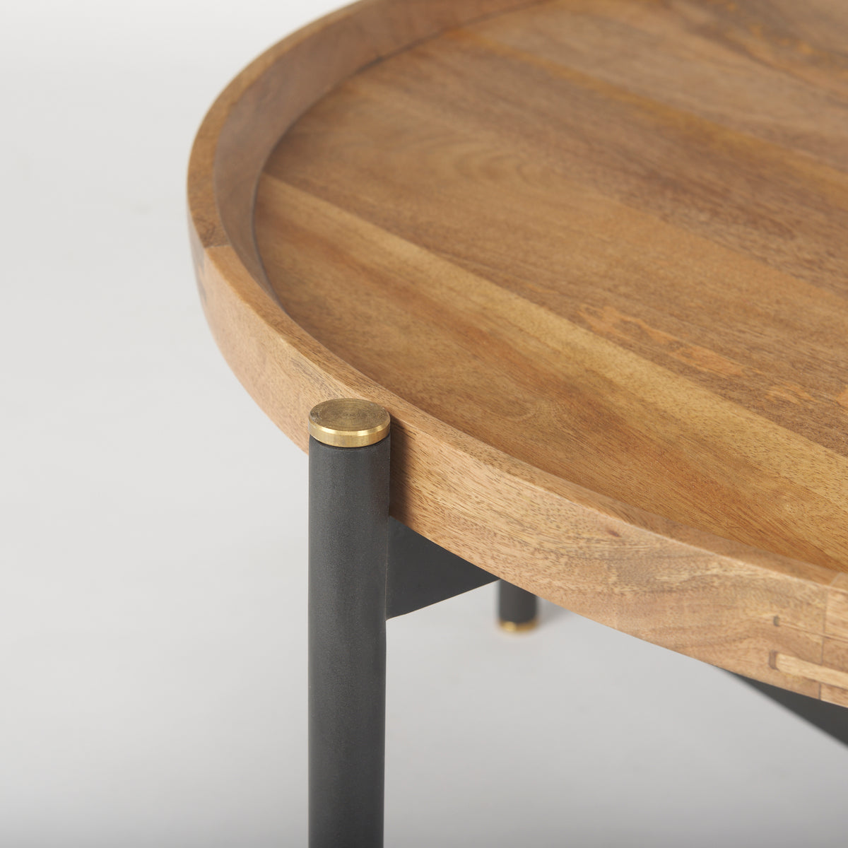 Marquisa 34.25" Round Small Brown Wood w/ Black Metal Coffee Table-Coffee Tables-DECOROLALA