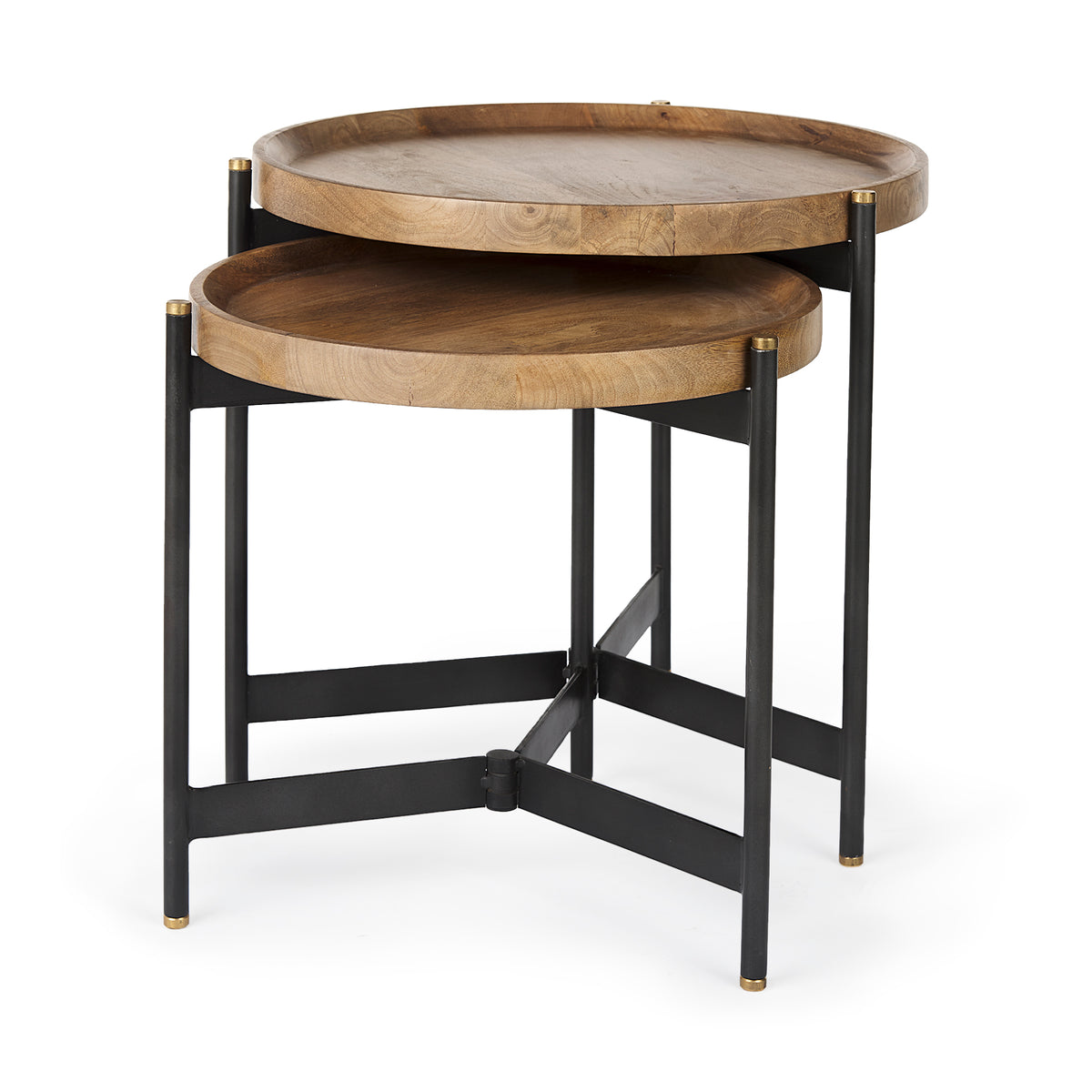 Marquisa (Set of 2) 22.5L x 22.5W x 20.8H Light Brown Wood W/ Black Metal Base Nesting Side Tables-Accent Tables-DECOROLALA