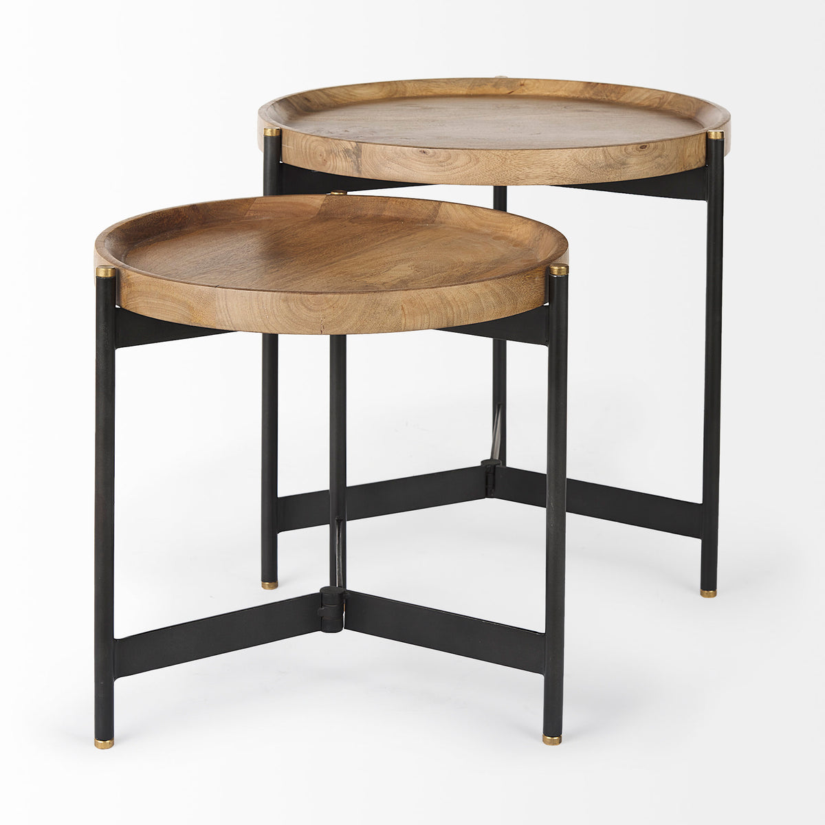 Marquisa (Set of 2) 22.5L x 22.5W x 20.8H Light Brown Wood W/ Black Metal Base Nesting Side Tables-Accent Tables-DECOROLALA