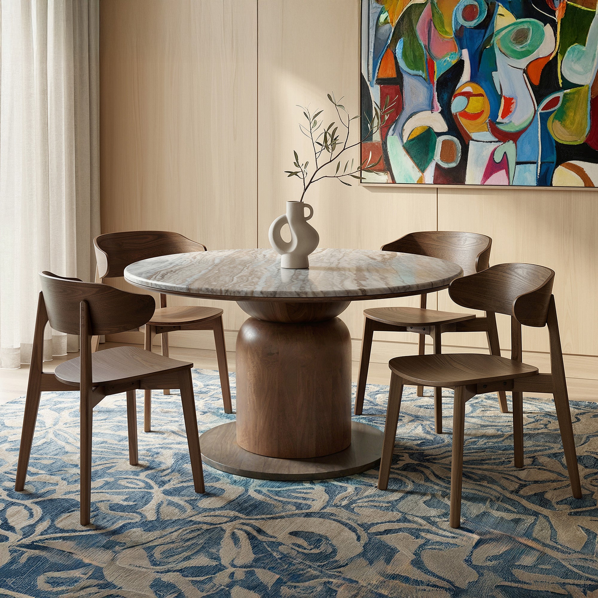 Martina Khari 5-Piece Marble Dining Set - Brown Solid Wood Base-DECOROLALA
