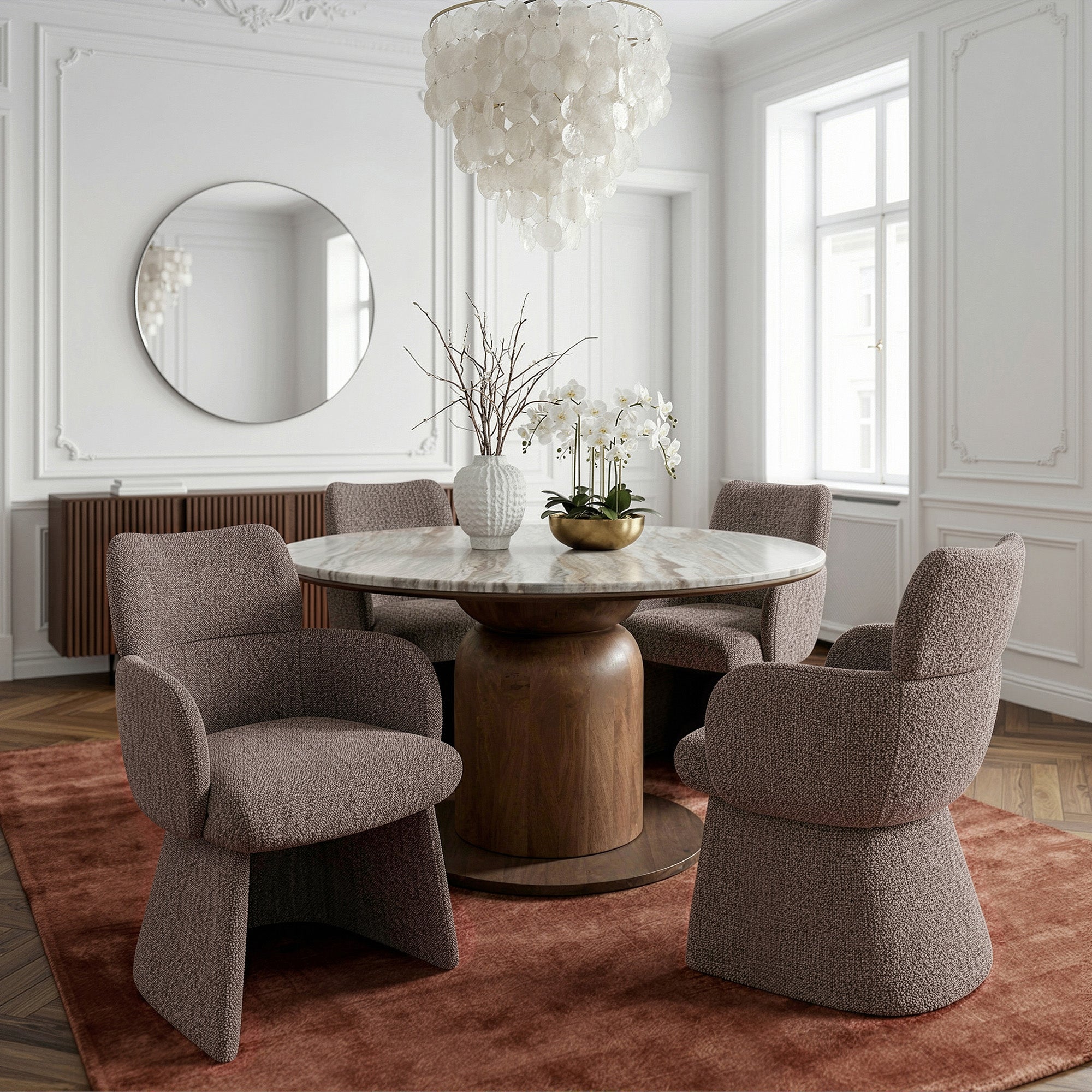 Martina Titani 5-Piece Dining Set - Brown Marble Table & Fabric Chairs-DECOROLALA