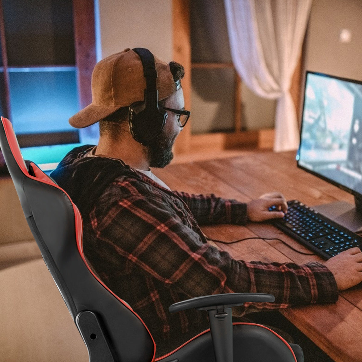 Massage Gaming Chair with Footrest-Red-Gaming Chairs-DECOROLALA