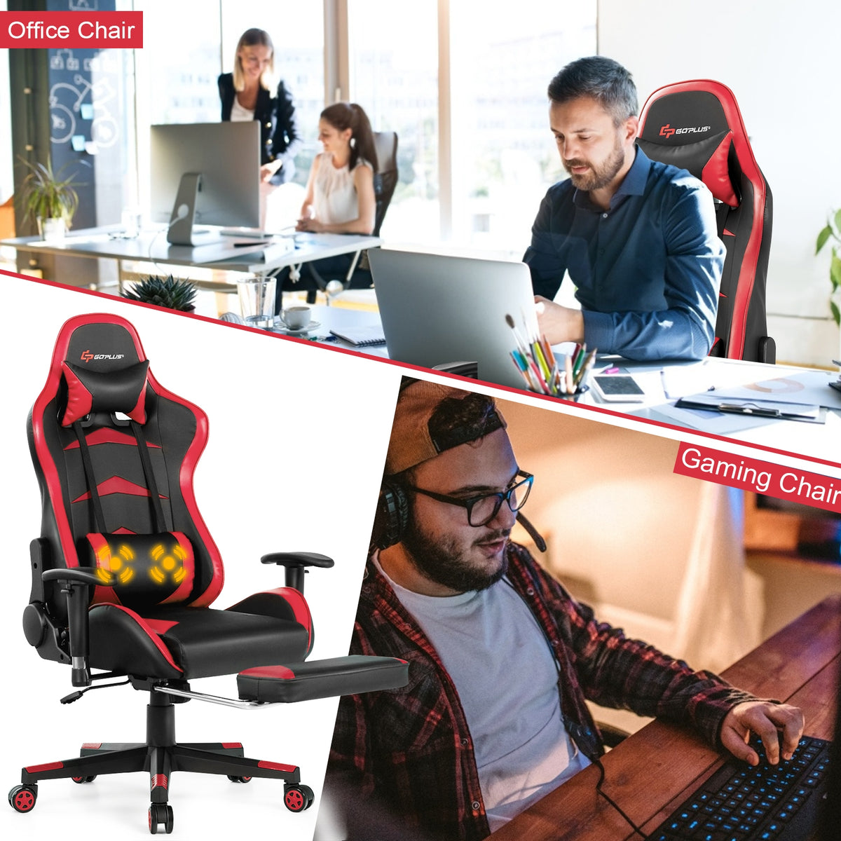 Massage Gaming Chair with Footrest-Red-Gaming Chairs-DECOROLALA