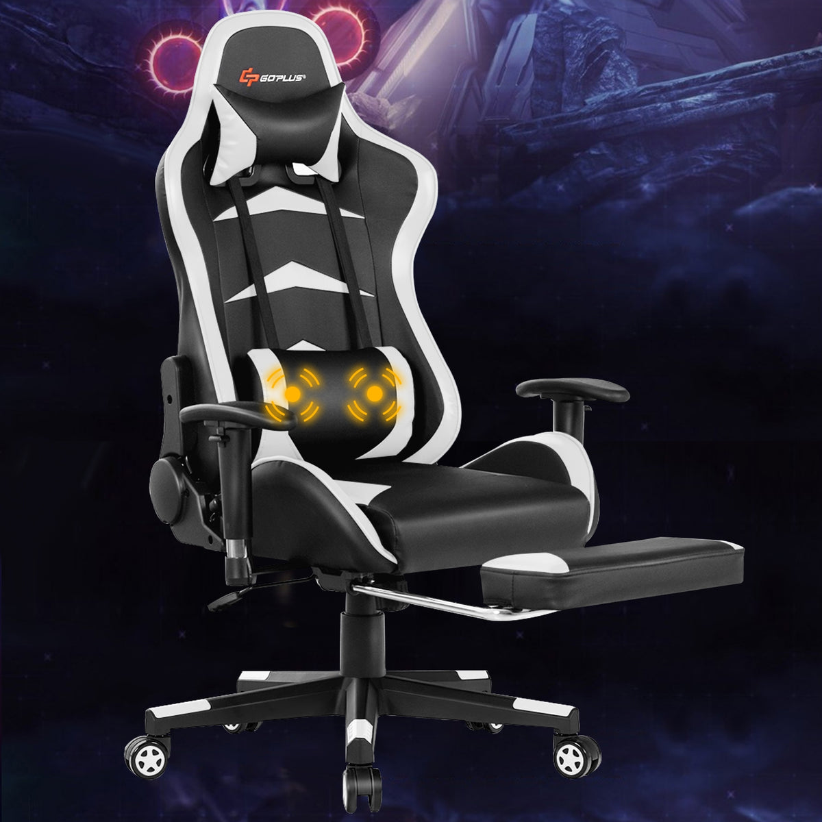 Massage Gaming Chair with Footrest-White-Gaming Chairs-DECOROLALA