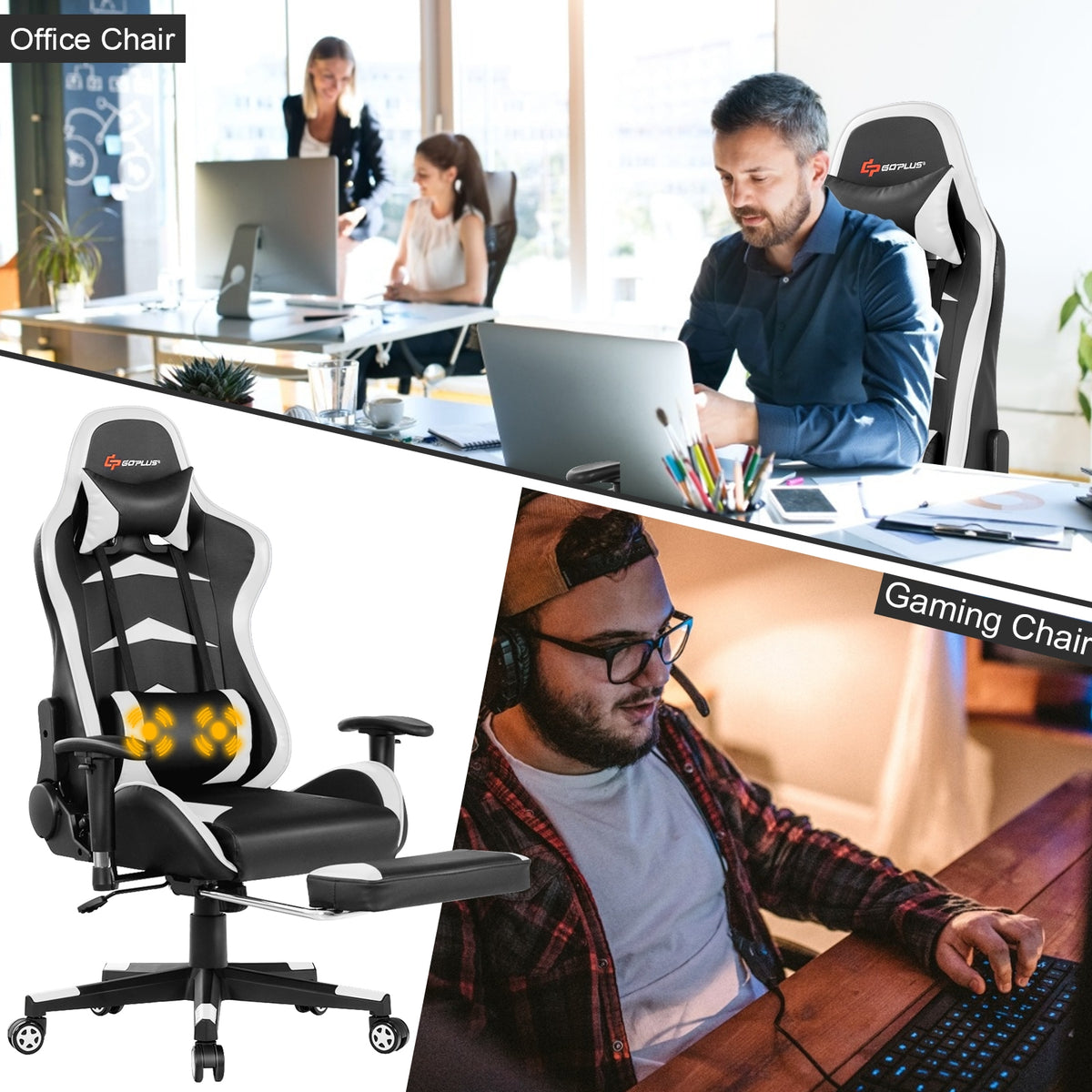 Massage Gaming Chair with Footrest-White-Gaming Chairs-DECOROLALA