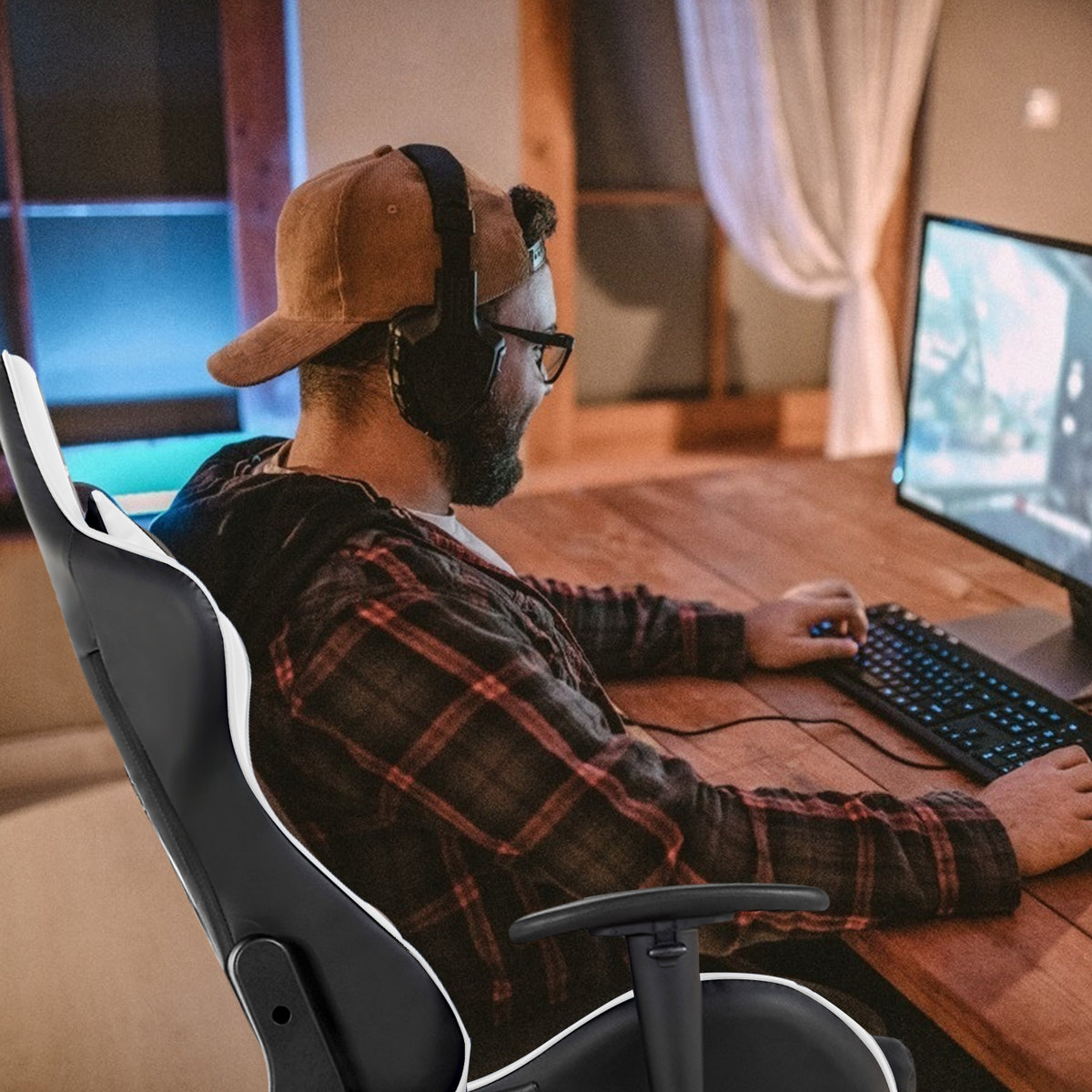 Massage Gaming Chair with Footrest-White-Gaming Chairs-DECOROLALA