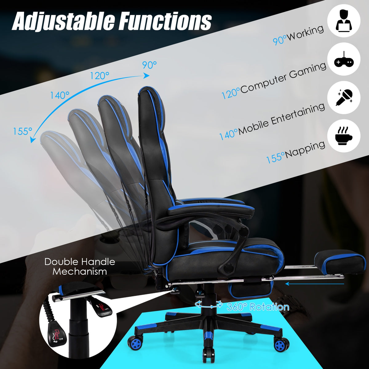 Massage Gaming Chair with Footrest and Lumbar Support-Gaming Chairs-DECOROLALA