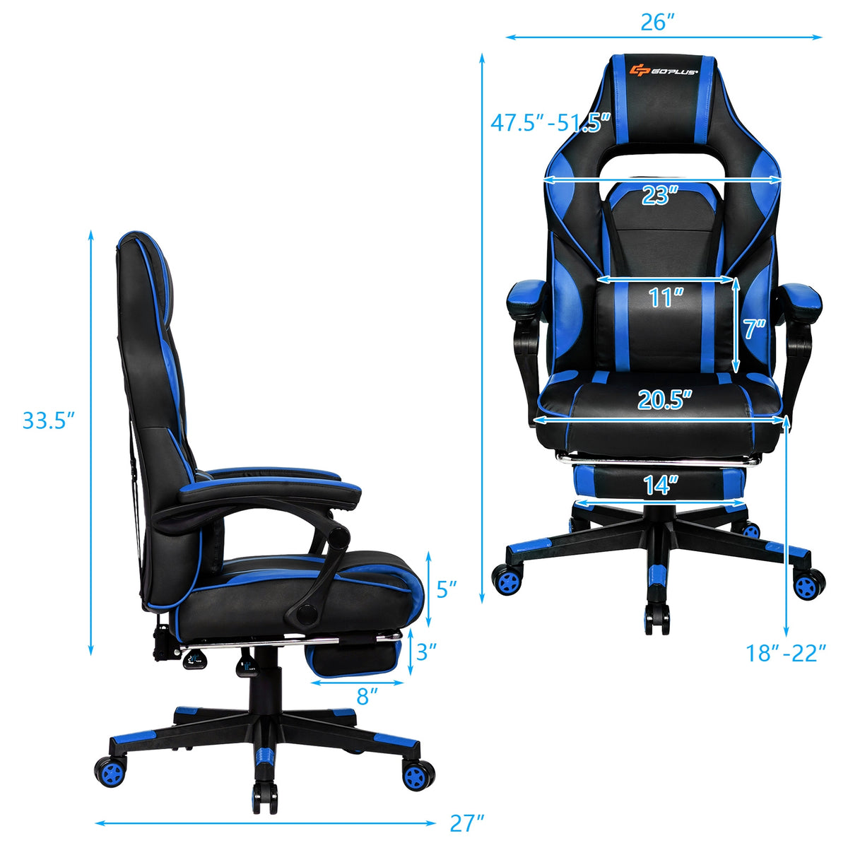 Massage Gaming Chair with Footrest and Lumbar Support-Gaming Chairs-DECOROLALA